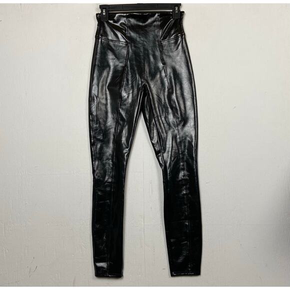 Spanx Women's Black High Waist Faux Patent Leather Glossy Leggings Size Small - Picture 1 of 11